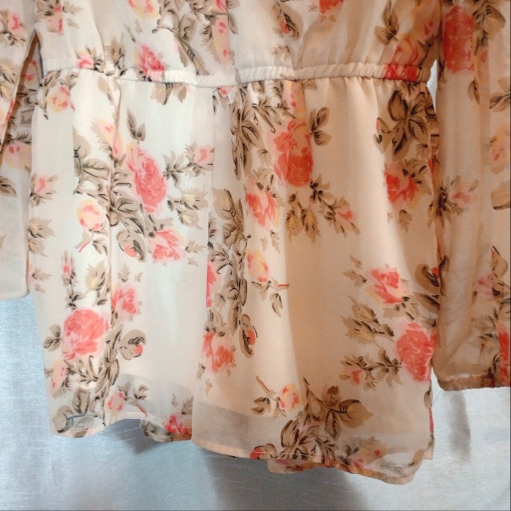 Wet Seal Vintage Romper, Long Sleeve Orange/Ivory/Green See thru Floral, L - Picture 5 of 13